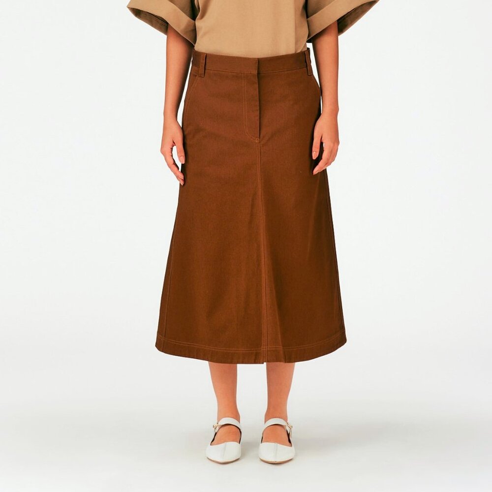 Tibi Cococa Brown Organic Cotton Twill Maxi Aline Skirt